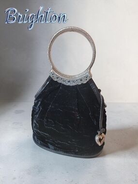 Brighton Black Vintage Rare Velvet Handbag with Silver Ring Handle EUC